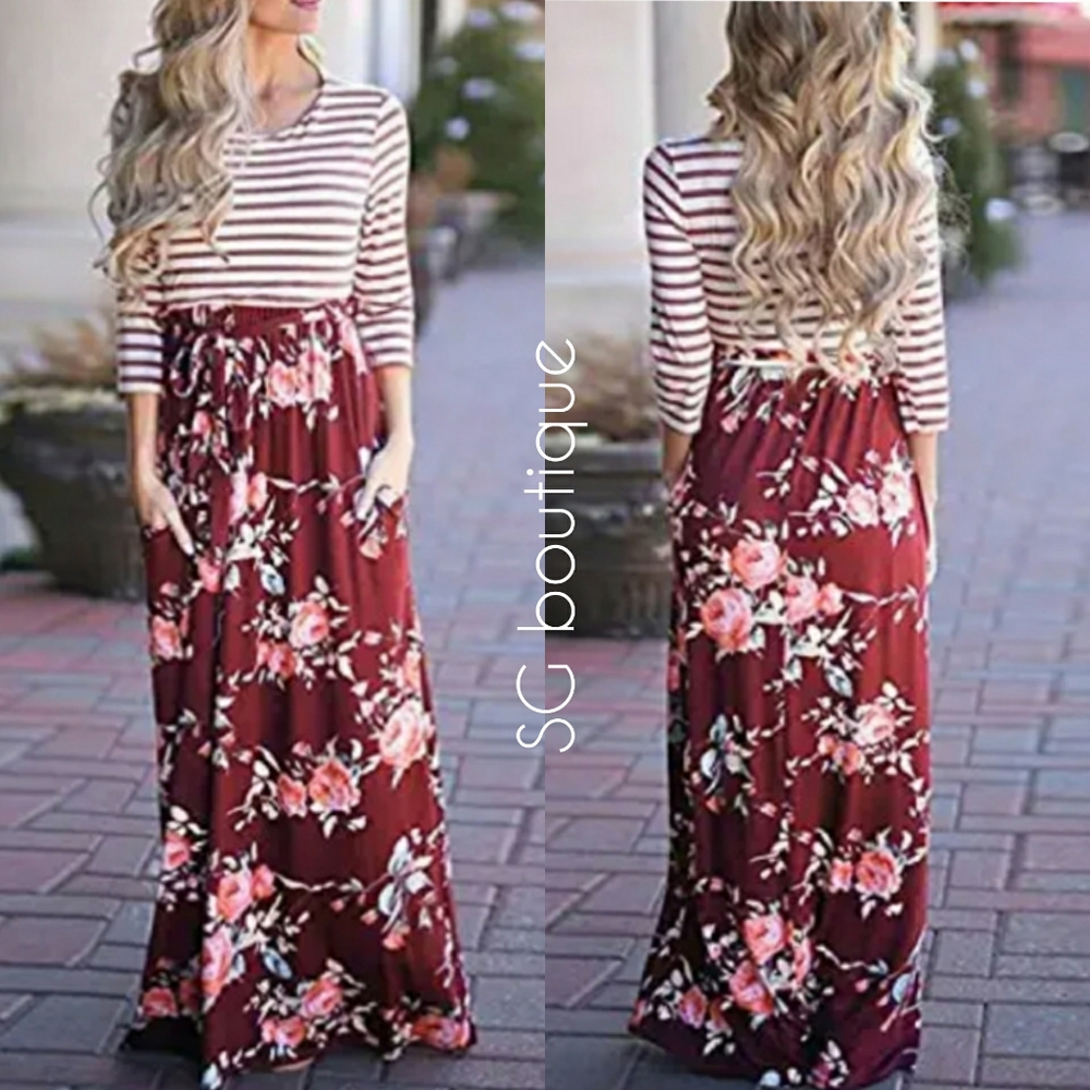 🆕⭐Red wine striped floral maxi dress